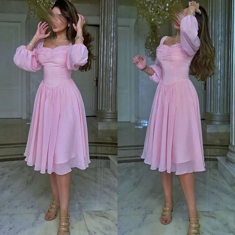 

Modern Saudi Arabia A-Line Prom Dress Elegant Pleat Strapless Long Sleeves Party Dresses Tea-Length Evening Dress Customized