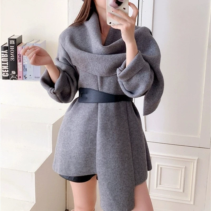 Herbst Winter Design Stil Neue Pendeln Graben Mantel Dame Casual Reine Farbe Outwear Trendy Asymmetrie Schal Kragen frauen Mantel