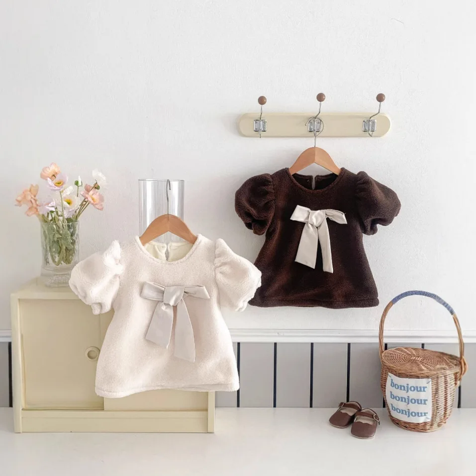

Korean Version Bow A-shaped Skirt Bubble Sleeve Dress Winter Velvet Warm Temperament Baby Girl New Princess Dress