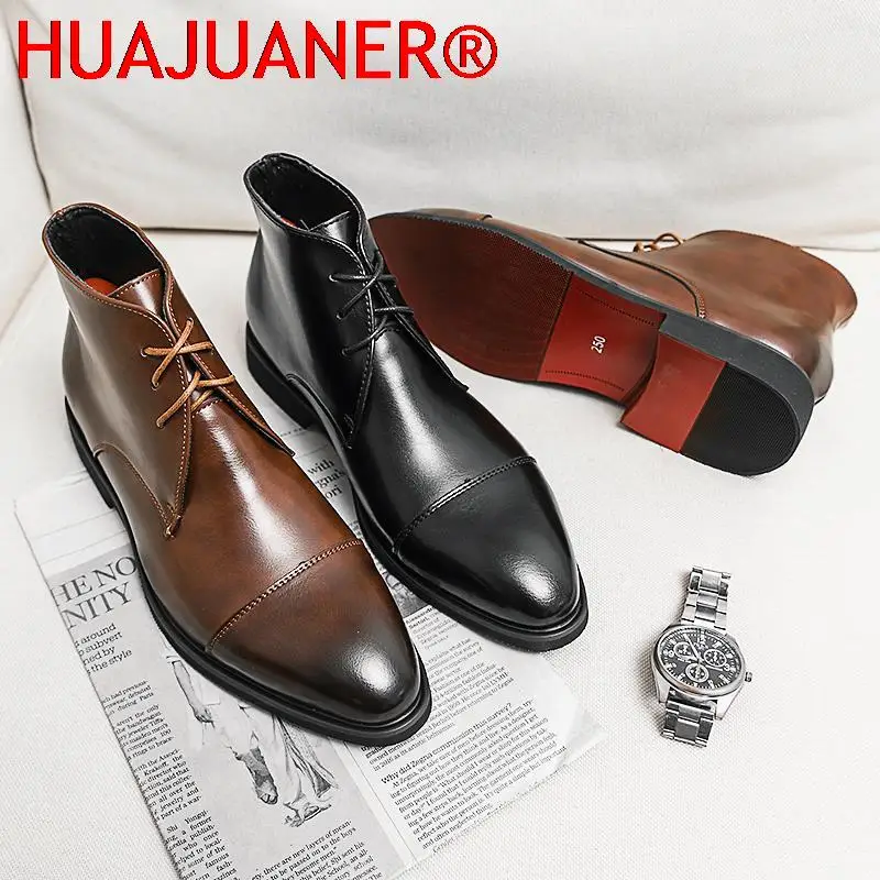 Red Sole Men Short Boots Brown Black Lace-up Square Toe Business Handmade Vintage Boots Free Shipping Men Ankle Boots view 3