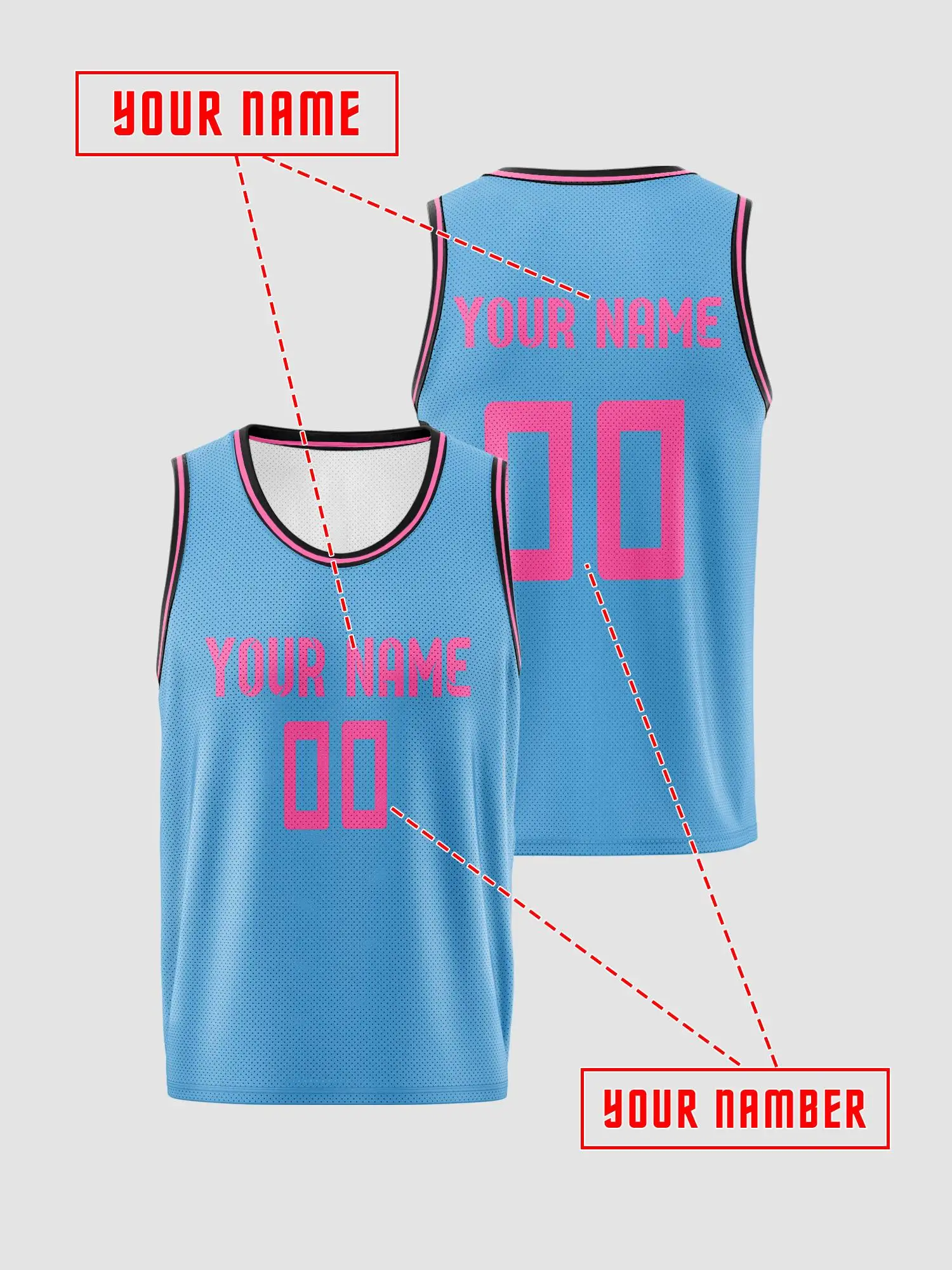 Lake Blue Pink Trim Custom Basketball Jersey, Adults Kids Name Number Print Quick‑Dry Set