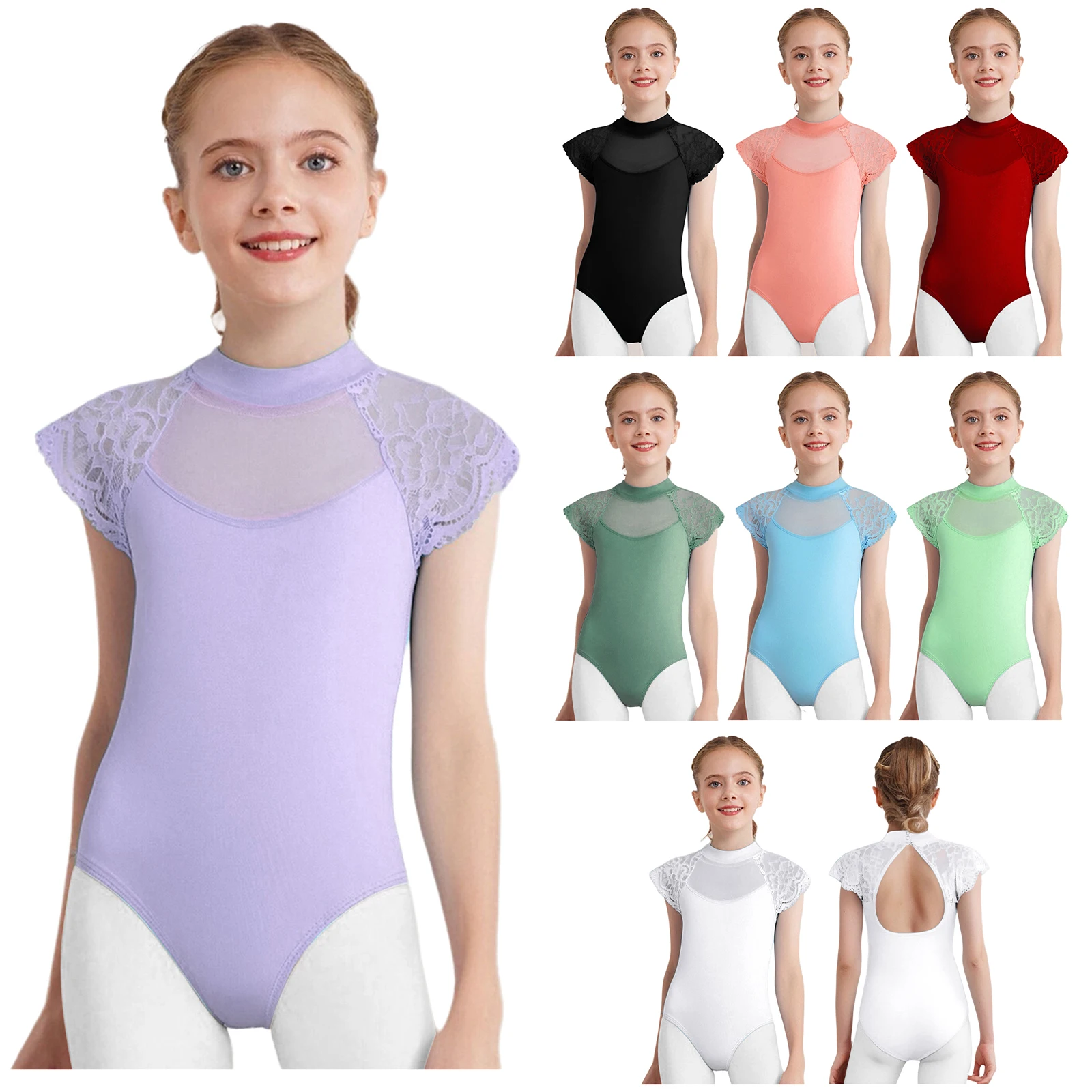 Kids Girls Ballet Dance Leotard Gymnastics Bodysuit Lace Cap Sleeves Cutout Back Workout Fitness Practice Examination Dancewear