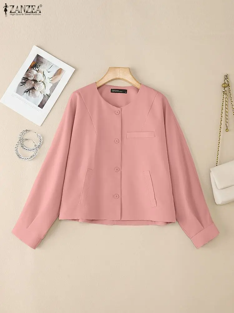

ZANZEA женские повседневные шикарные короткие рубашки, однотонные верхние рубашки на пуговицах с круглым вырезом и длинными рукавами, осень 2025, новая корейская мода