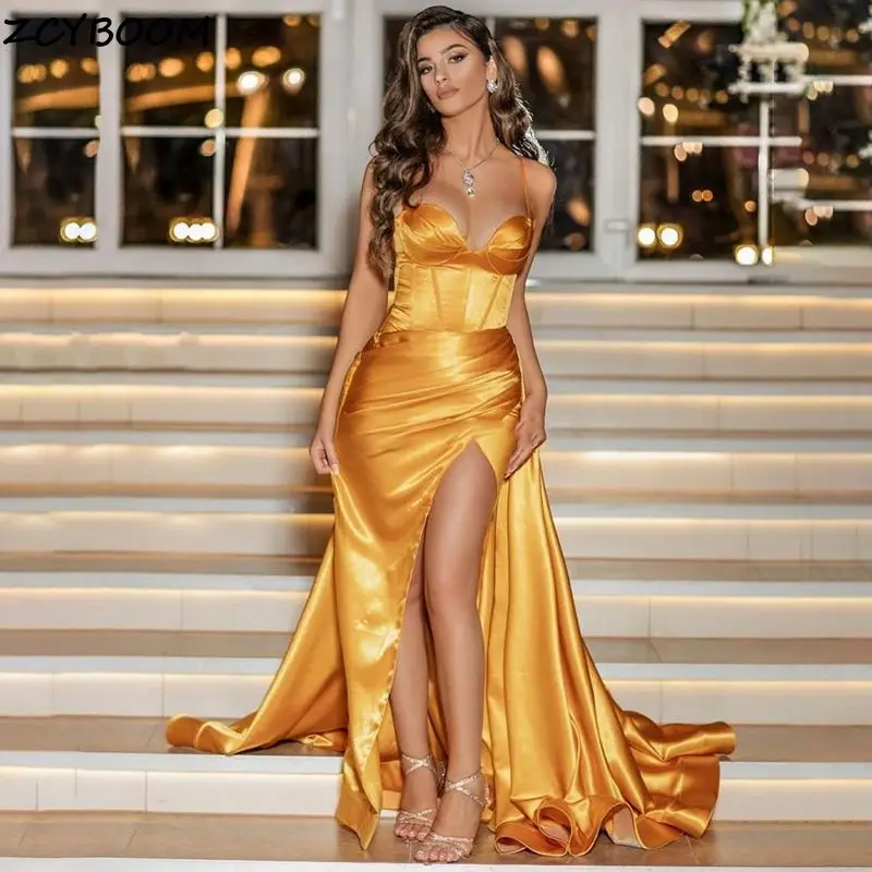 

Gold Prom Dress 2025 Mermaid Women Formal Party Spaghetti Straps Vestidos De Gala A-Line Satin Elegant Split Long Evening Gowns
