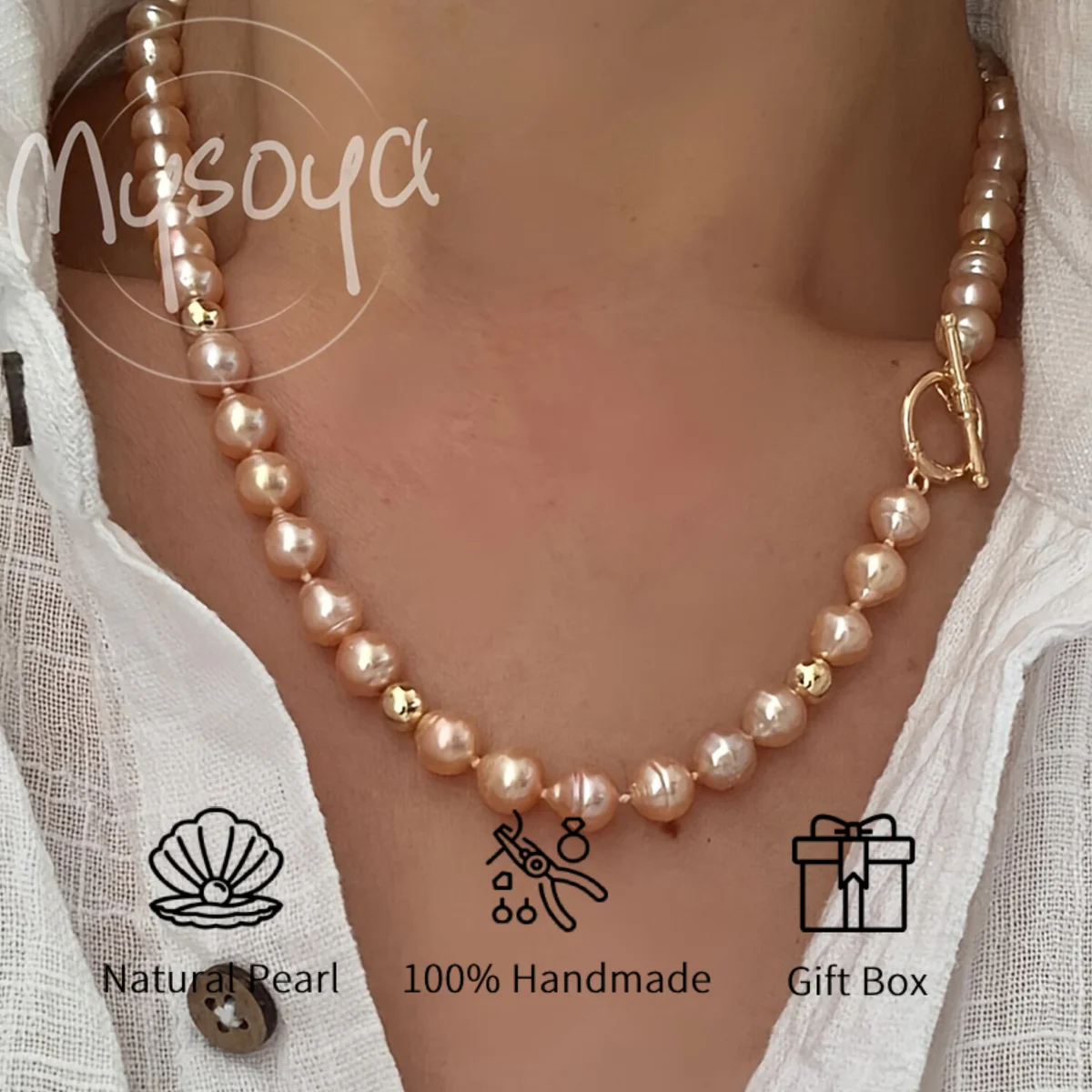 

MYSOYA 8-10mm Pink Freshwater Pearl Necklace Multiple Sizes With Gift Box Perfect Gift For Wedding Birthday Christmas New Year