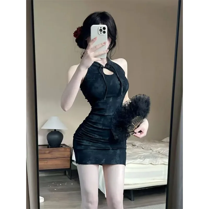 

Women's New Chinese Style Black Bodycon Sleeveless Mini Dress