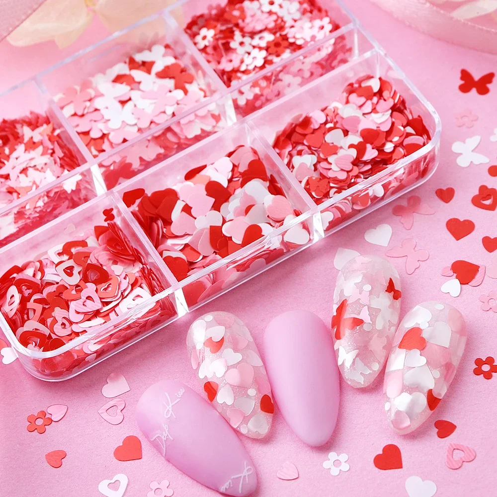 Mixed White Red Love Hearts Butterfly Nail Art Sequins Valentines Day Manicure Glitter Flakes DIY Nails Decoration Accessories