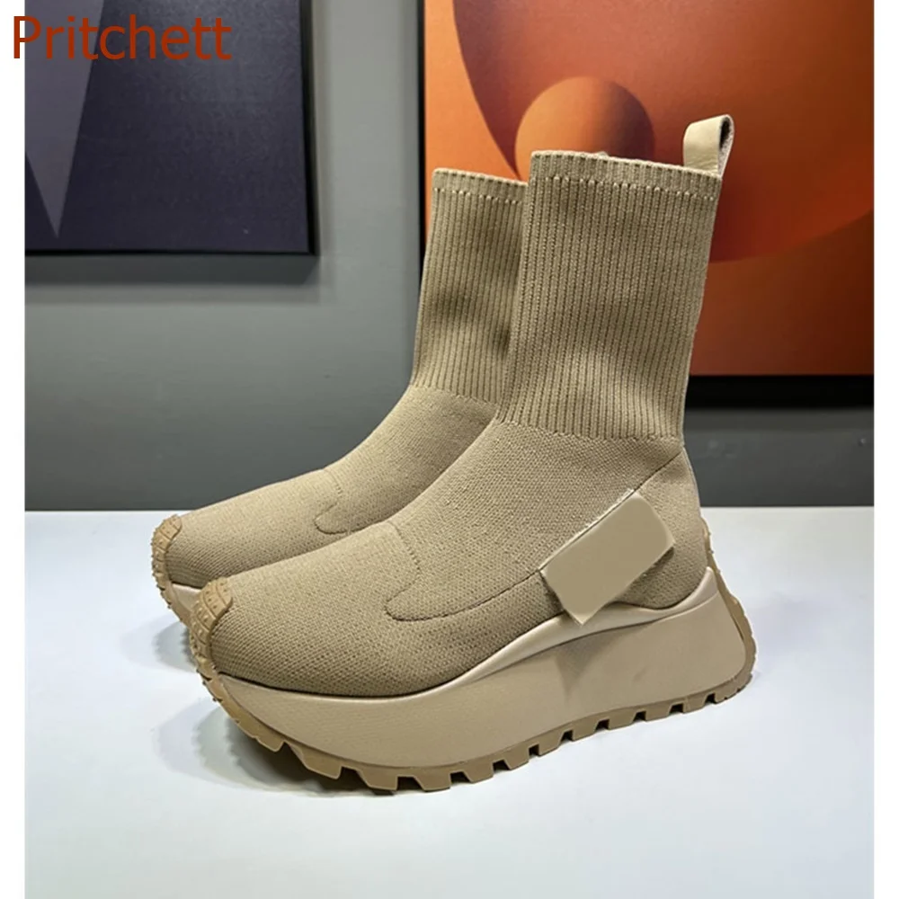 Pointed Toe Thick Sole Women Boots Solid Stretch Fabric Height Increasing Fashion Casual Comfortable Stretch Boots  Women Shoes