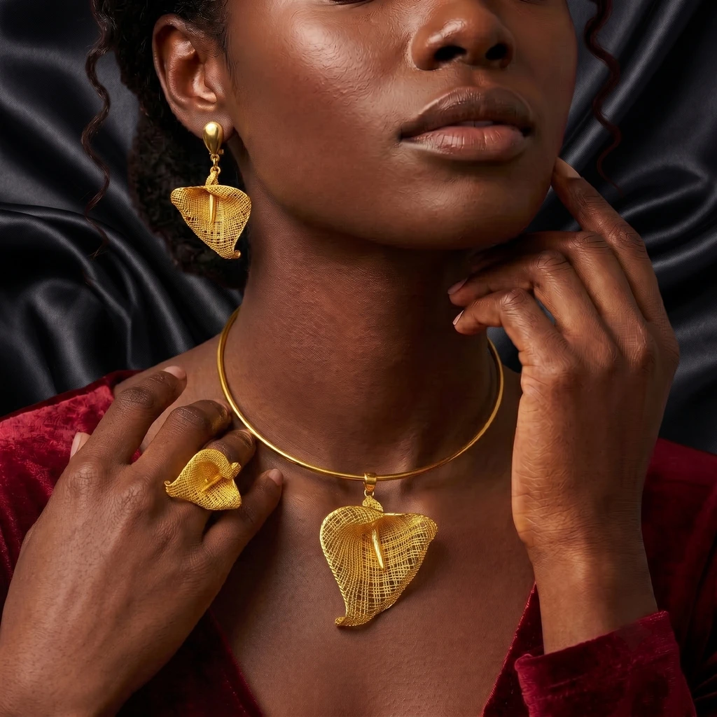 Luxuriöse eritreische Brautschmuck-Sets mit Halskette und Ohrringen für Frauen, Dubai, 24k Goldfarben-Anhänger-Set, Hochzeitsgeschenke – Detail 2
