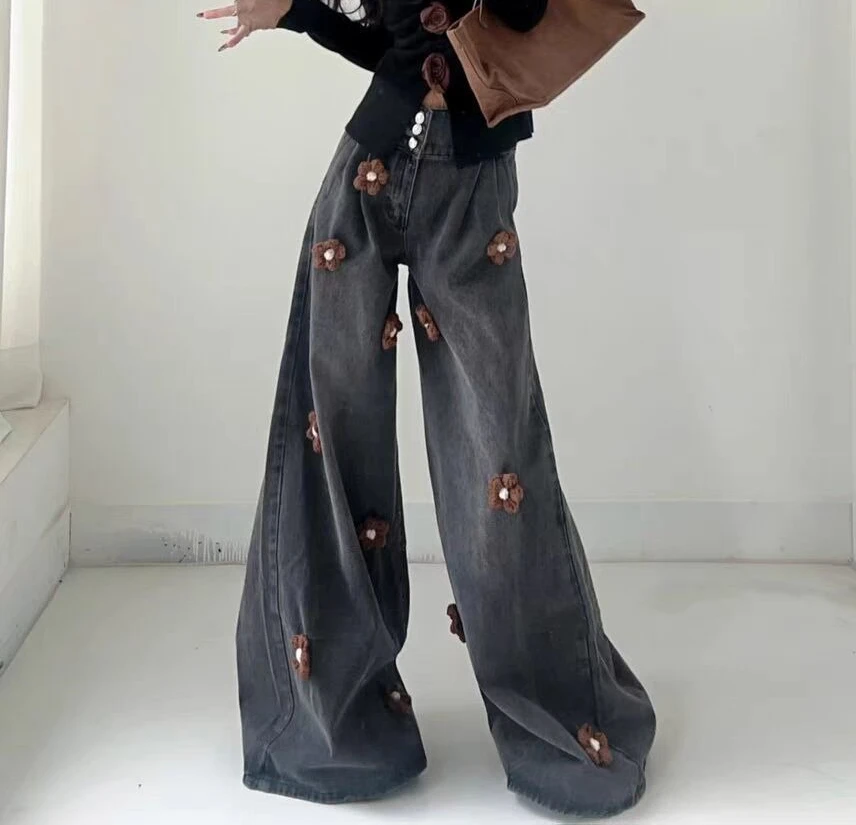 Spring/Autumn 2025 New Style Retro Floral High-Waisted Slimming Wide-Fit Denim Pants