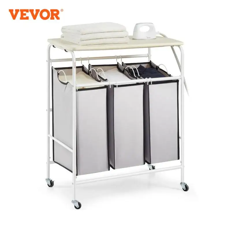 VEVOR Carrello Portabiancheria 3 Sacchi Rimovibili 725x410x890 mm Cesta Porta Biancheria Lavanderia Grande in Metallo con Asse da Stiro 720x405 mm Mobile con Ruote bloccabili Carico Complessivo 23 kg