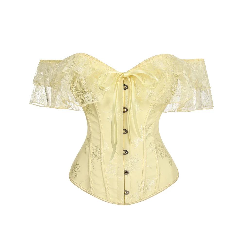 

Женский желтый ретро-корсет с жаккардовым узором, кружевной, с коротким рукавом, на одно плечо, сексуальный, утягивающий, моделирующий, модный бюстье-белье