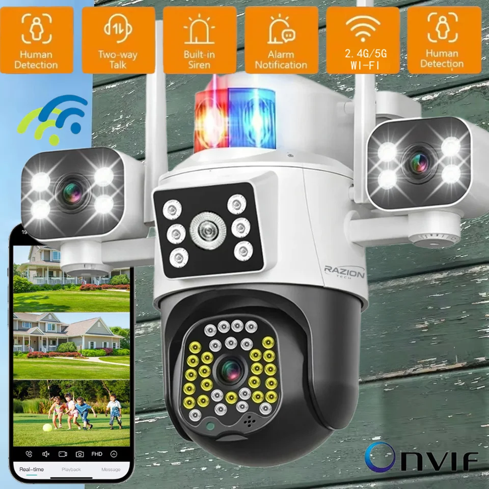 15MP Outdoors Wifi Camera 8K HD Three Lens Security 2.4G&5G PTZ IP Cameras 10X Zoom Lens Human AI Auto Detect Tracking Cam RZ380