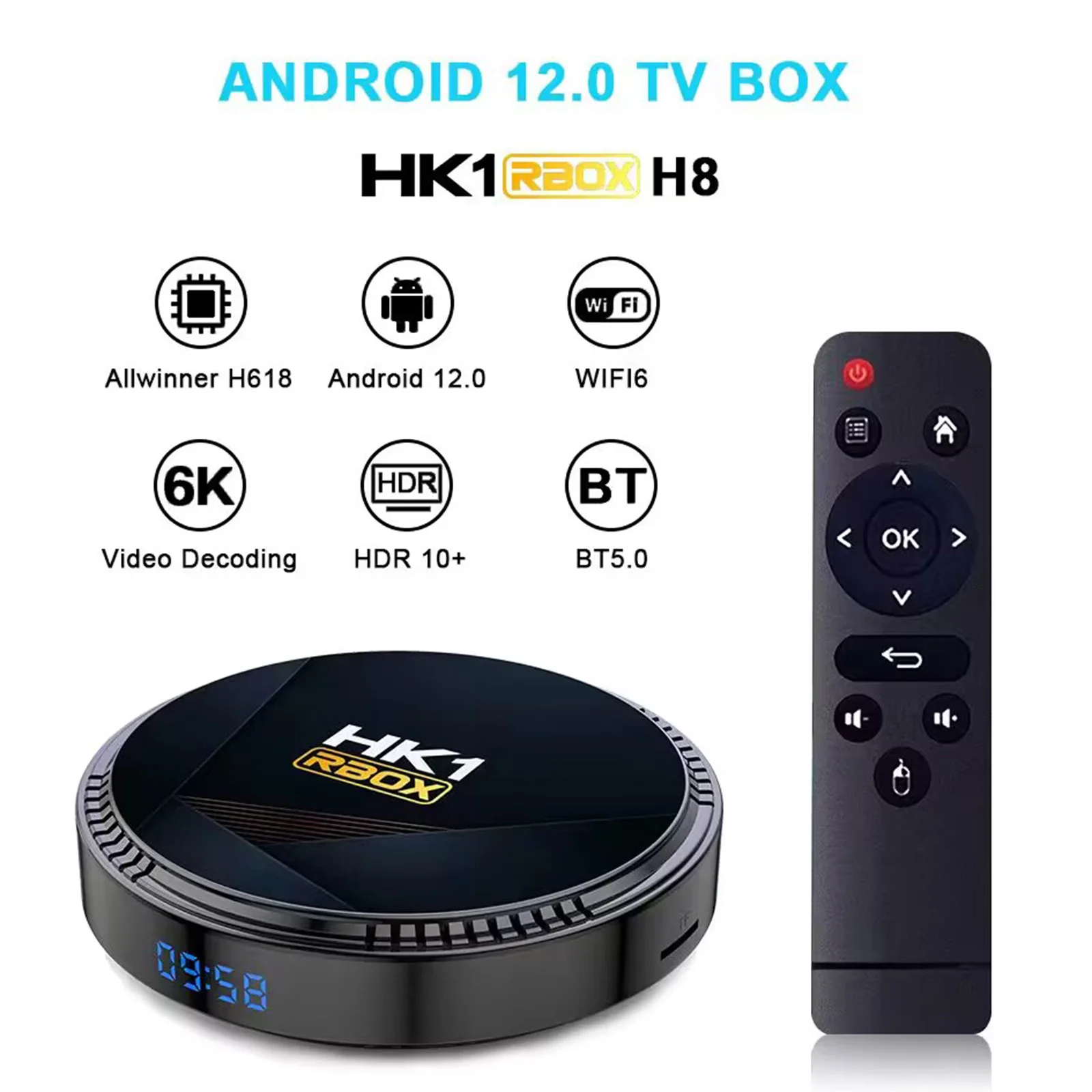 HK1 RBOX-H8 WIFI6 Android 12.0 Smart TV Box Allwinner H618 Quad-core 4K Media Player H.265 VP9 6K Decording Dual Band WiFi6 BT5