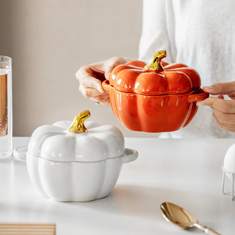 Pumpkin-shaped Ceramic Bowl with Lid Ear Pumpkin Stew Baking Tableware Kitchen Decorative Ceramic Tableware Decorative Bowl