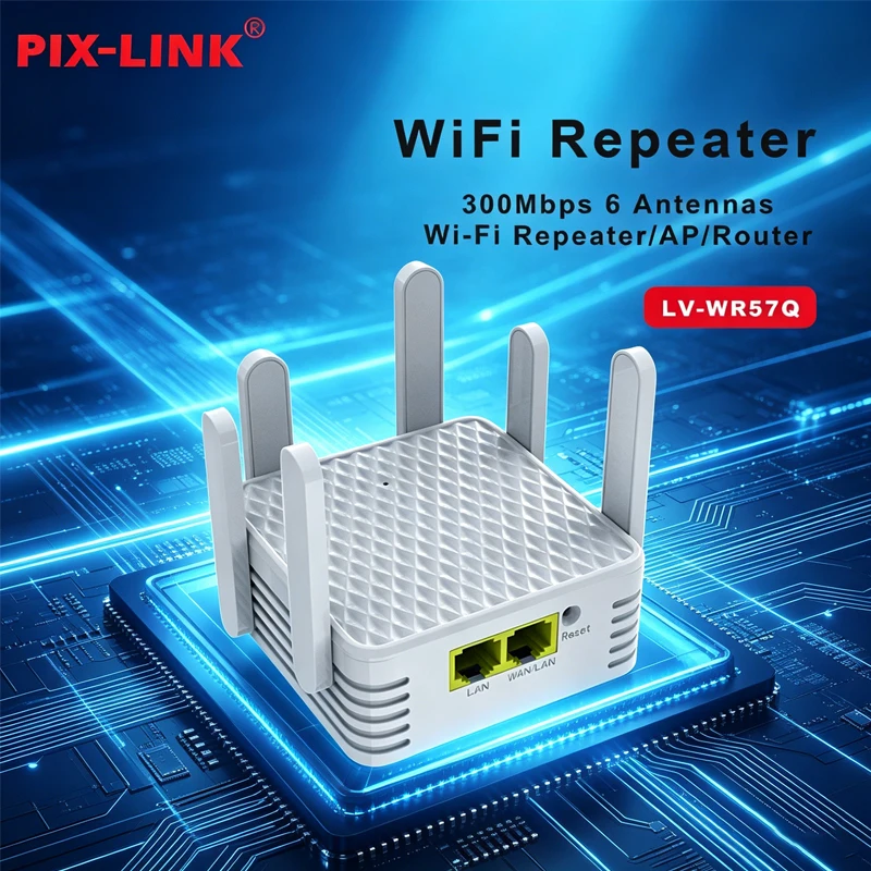 

PIX-LINK WR57Q 300Mbps WiFi Repeater Router AP 6 External Antennas 2.4GHz Coverage WPS Easy Setup Wireless Repeater Router