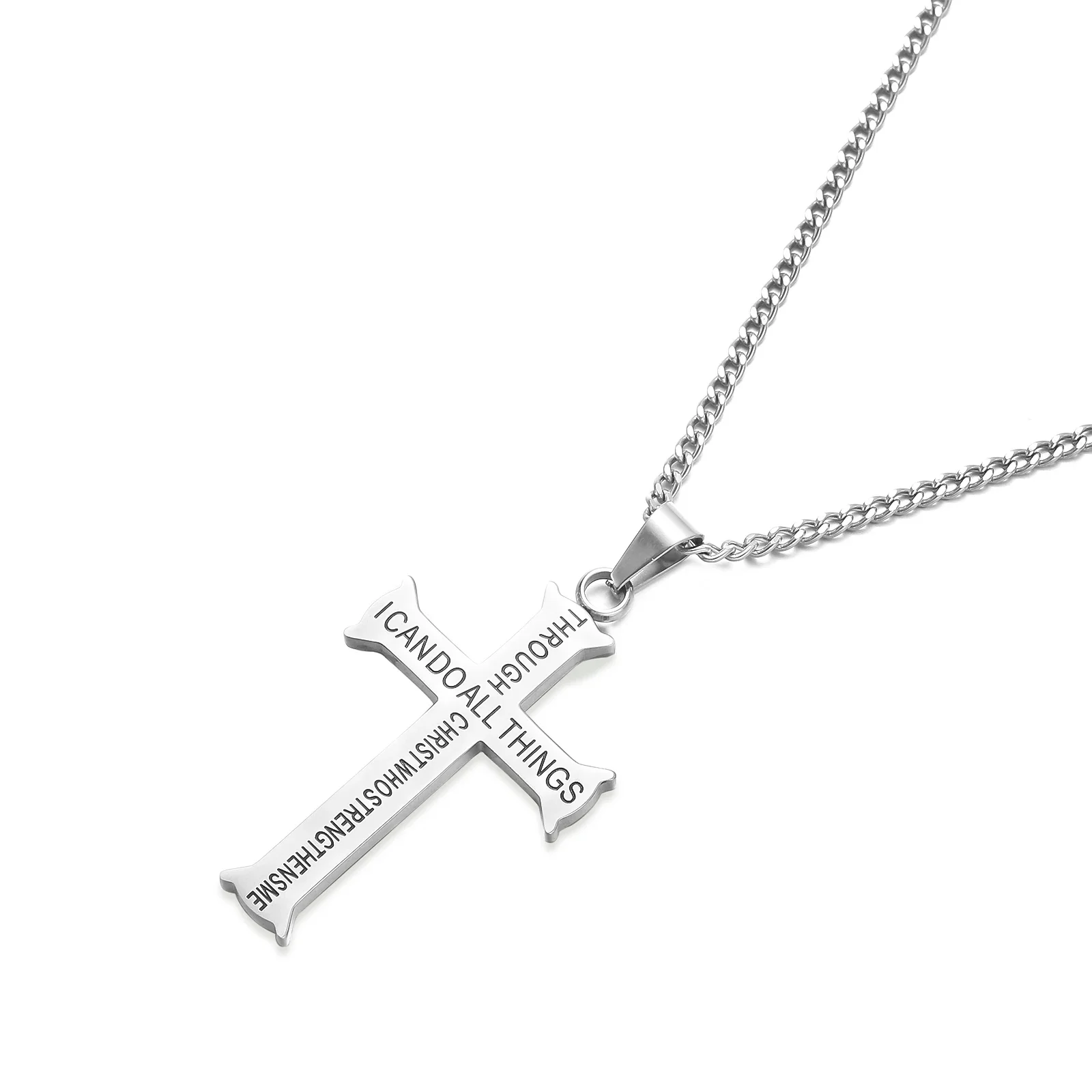 HOUWU Stainless Steel Philippe 4:13 Jewelry Cross Necklace STRENGTH Bible Scripture  Men