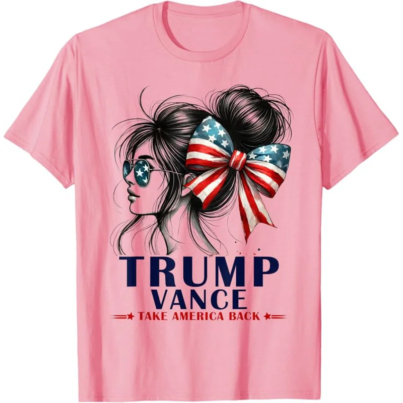 2025 Trump Vance Take America Back Messy Bun Girl USA Flag T-Shirt