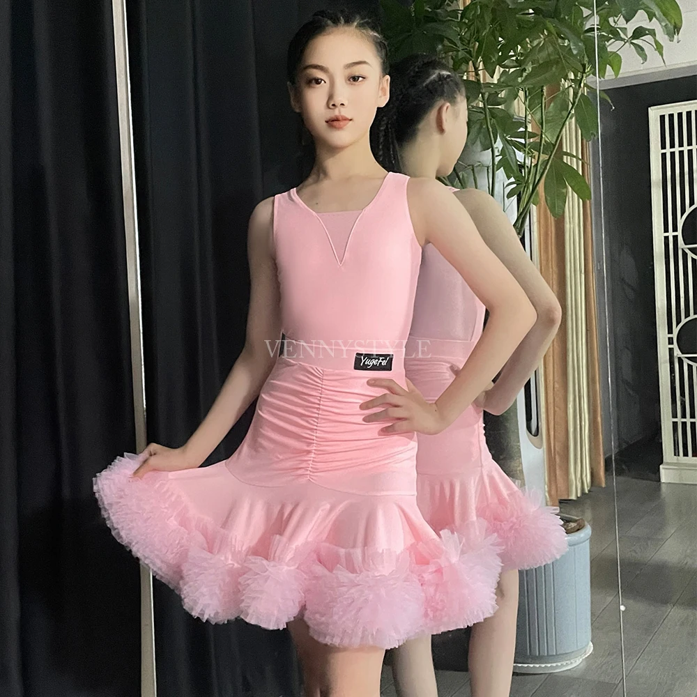 

Vennystyle Latin Dance Dress Pink Off-Shoulder Top with Flared Skirt Practice Performance Set Girls' Latin dance costumes