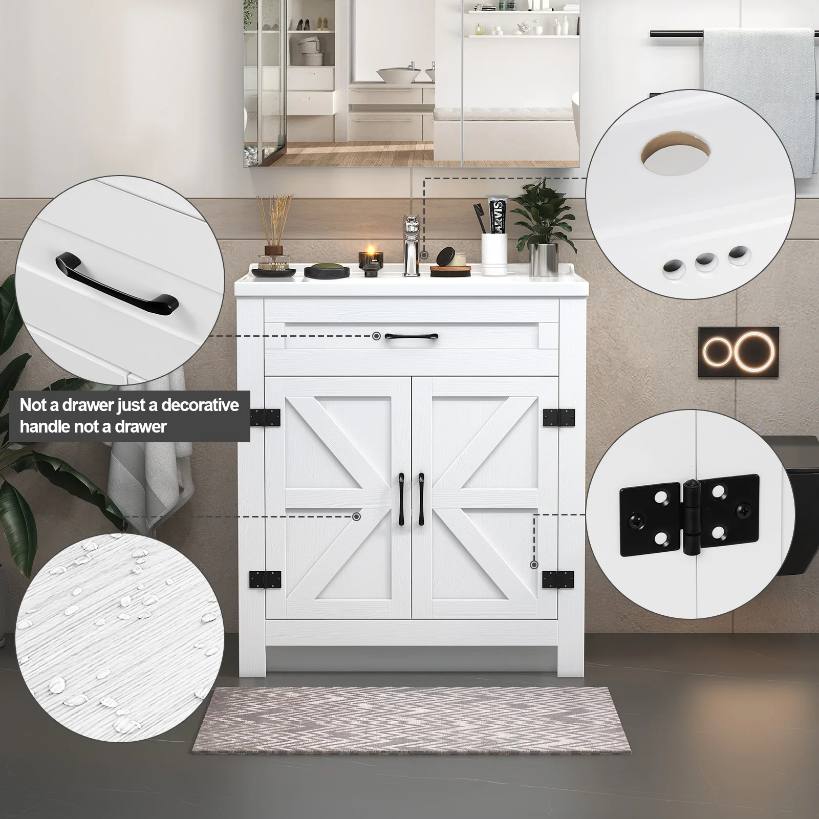 Vanité de salle de bain de 31 pouces avec lavabo simple en céramique, meuble de salle de bain en bois autoportant, nouveau