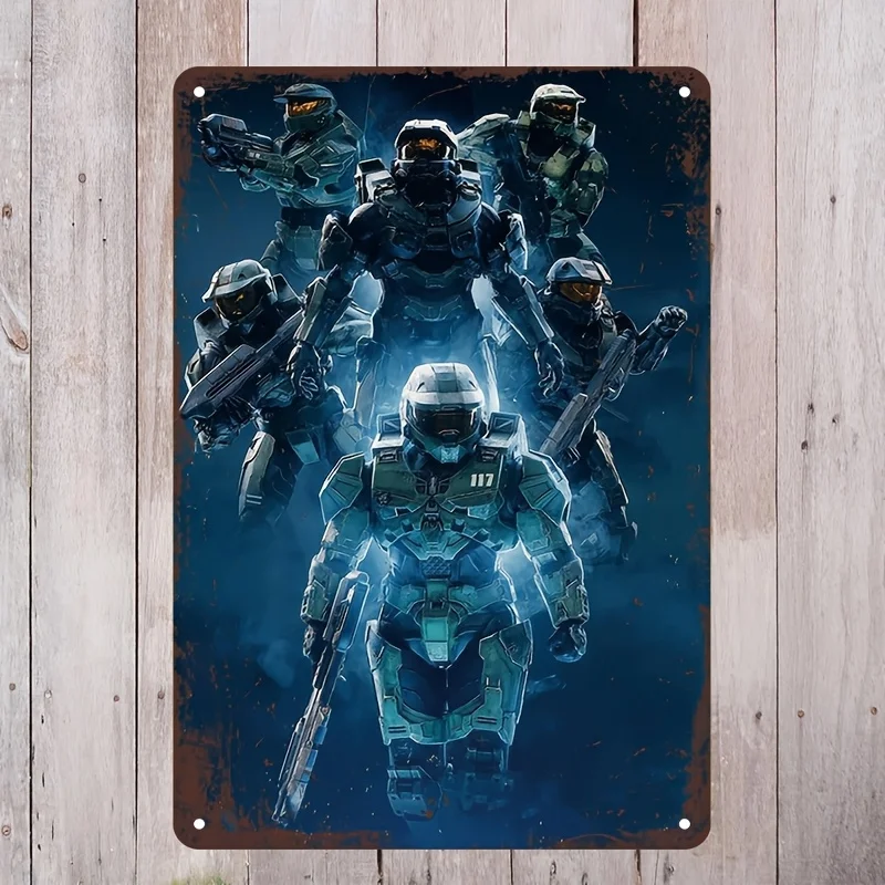 Halo-Inspired Metal Wall Art Sign,  Vibrant Master Chief & Teamwork Design, Frameless Video Game Decor for Home, Bedroom, Garag