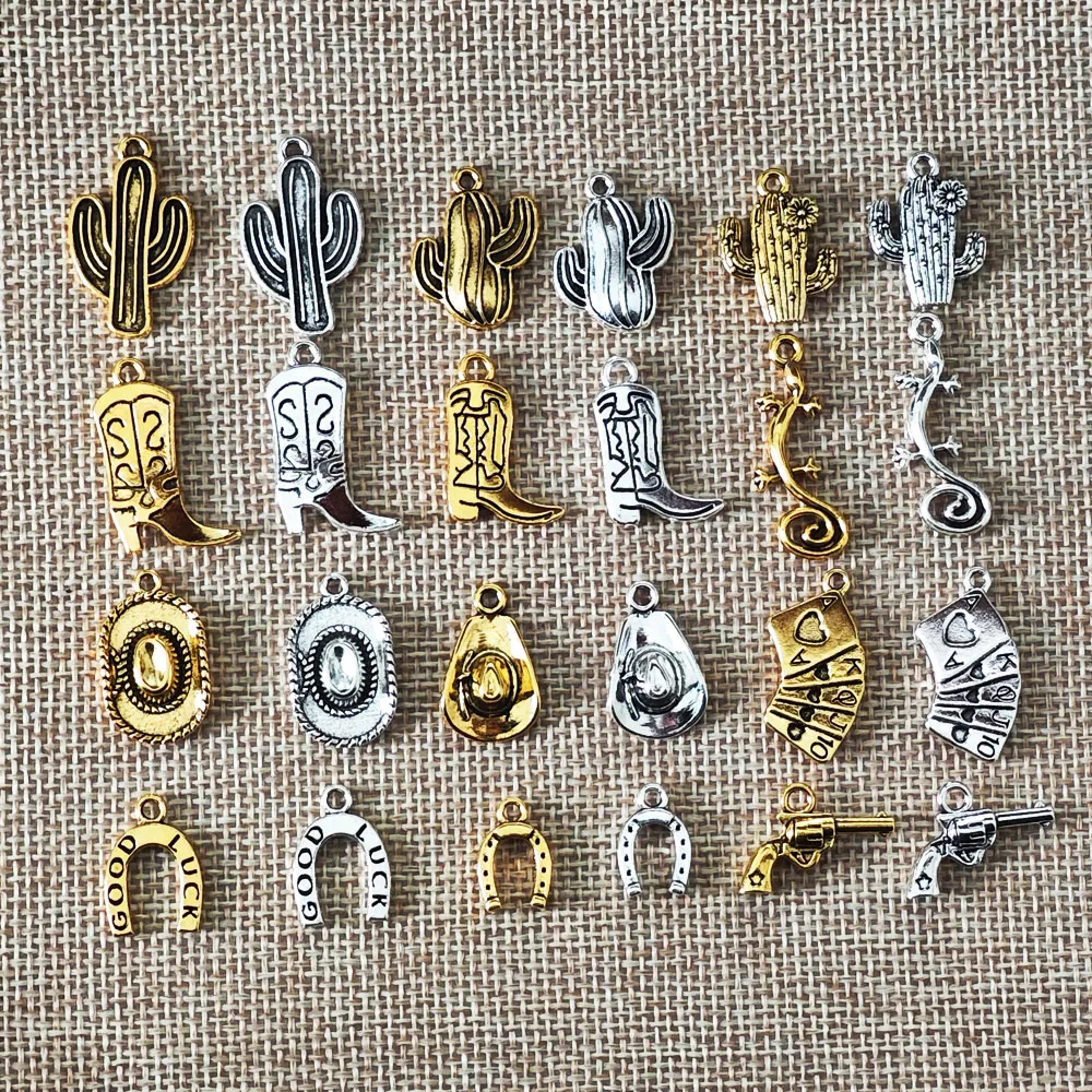 

12PCS Charms Antique Color West Cowboy Hat Boots Cactus Lizard Revolver Horseshoe Poker Pendant Jewelry Making Accessory