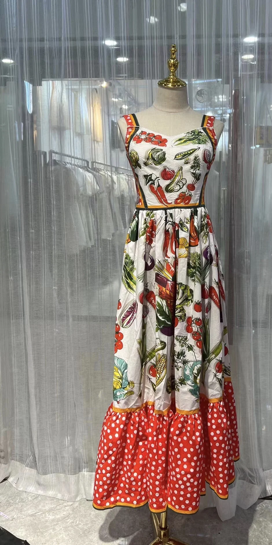 

Модное летнее женское повседневное платье макси с принтом в горошек, с завышенной талией, из хлопка, модель G-Home Vegetable...