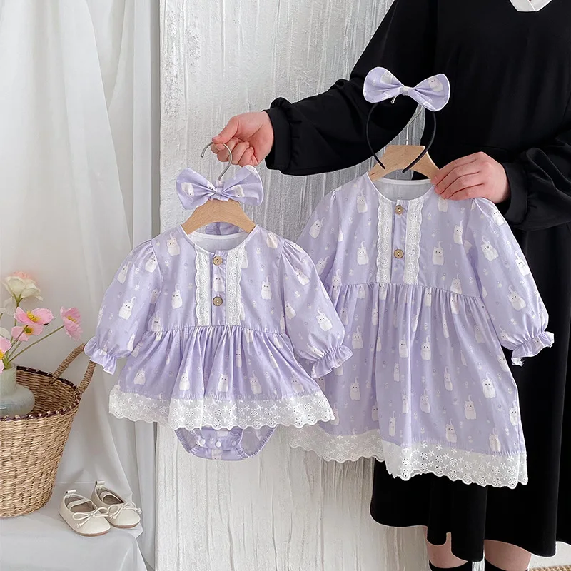 

UNIFEMN Baby Girls Sister Look Set Cartoon Cat Lace Long Sleeve Infant Girls Rompers With Hairband Kids Girls Princess Dress