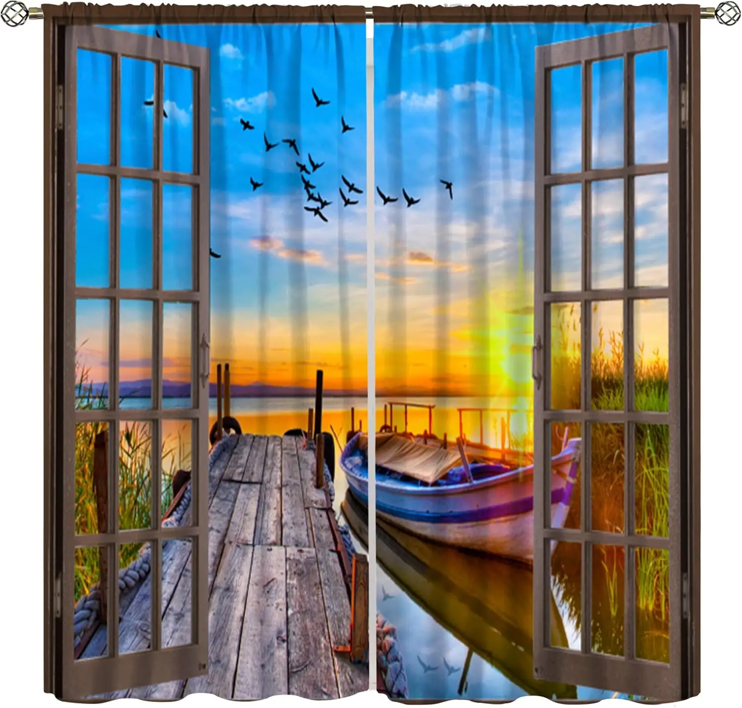 Lakeside Landscape Curtains,Rustic Style Bridge Boat Lake Nature 3D Landscape Scenery Prints Window Treatments Drapes Bedroom