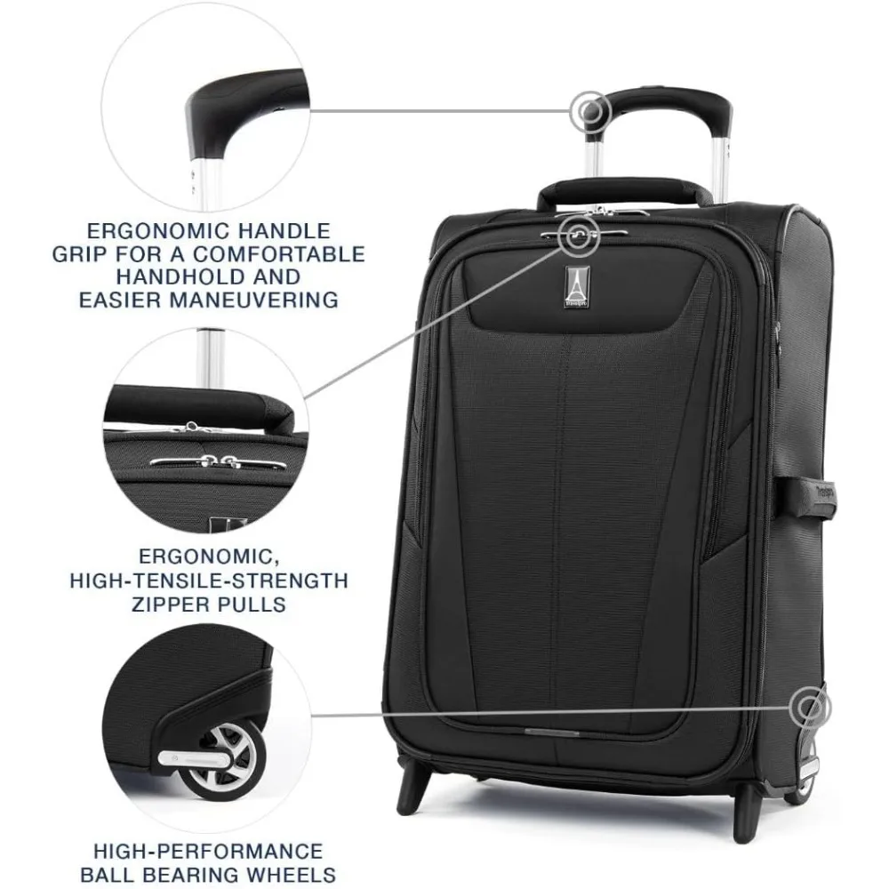 Lightweight Expandable 2-Wheel Carry-On Luggage Suitcase for Men and Women, Black, Ideal for Travel, Carry On 2, Softside Uprigh