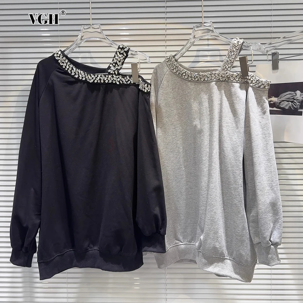 

VGH Solid Spliced Diamonds Loose Sweatshirts For Women Diagonal Collar Long Sleeve Off One Shoulder Hoodles Female Fashion Style