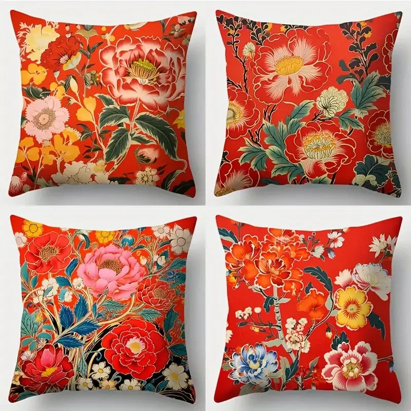 4pcs Red auspicious flowers digital printing pillow cover Short plush Suitable living rooms bedrooms sofas throw cushion cover