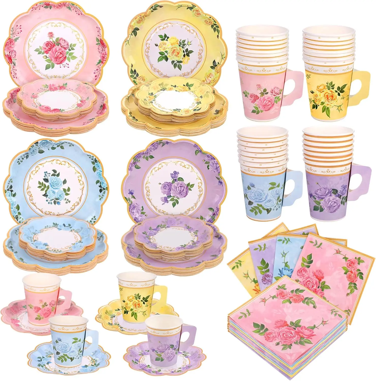 

96 Piece Floral Paper Tea Cups and Saucers 9 Oz Teacup with Handle 9 Inch and 7 Inch Paper Plate Napkin Disposable Tea P
