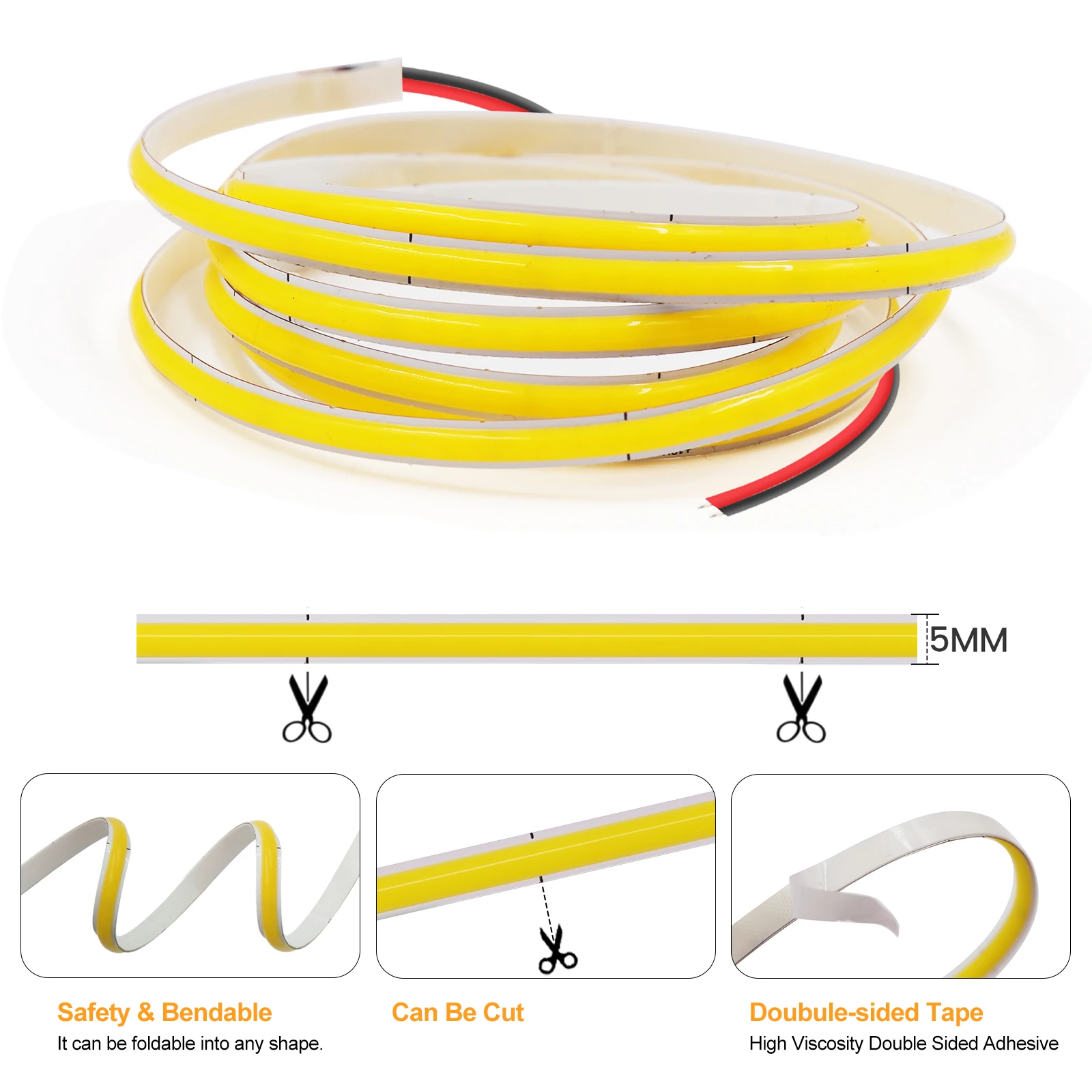 5MM COB LED Strip 5V 12V 24V 320LEDs/m Ice Blue Warm White Red Green Blue Pink Yellow High Density Dimmable Flexible LED Tape