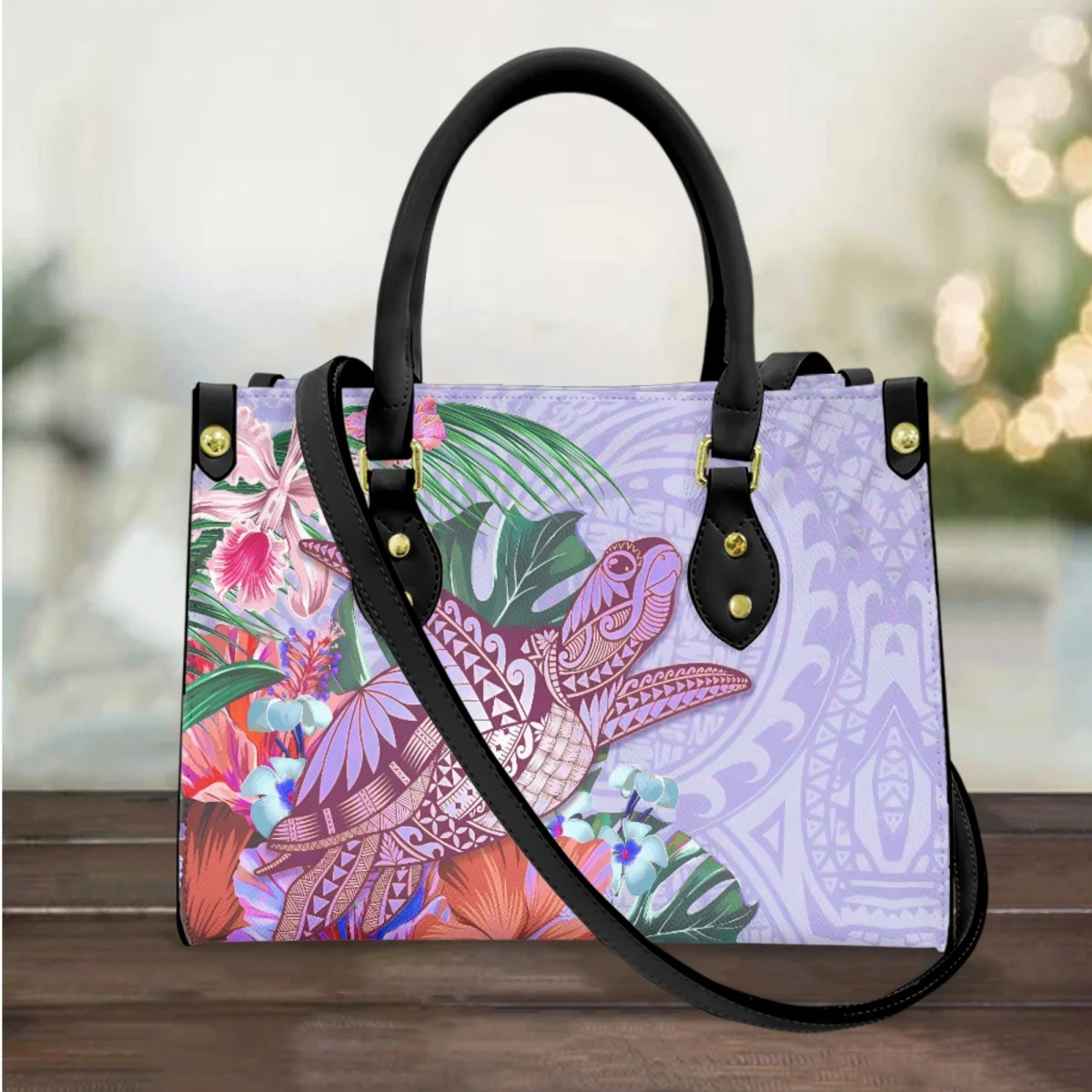 

FORUDESIGNS Luxury Leather Bag Hibiscus Print Travel Handle Shoulder Bag Hawaiian Sea Turtle Design Commuter Gift Hand Bag