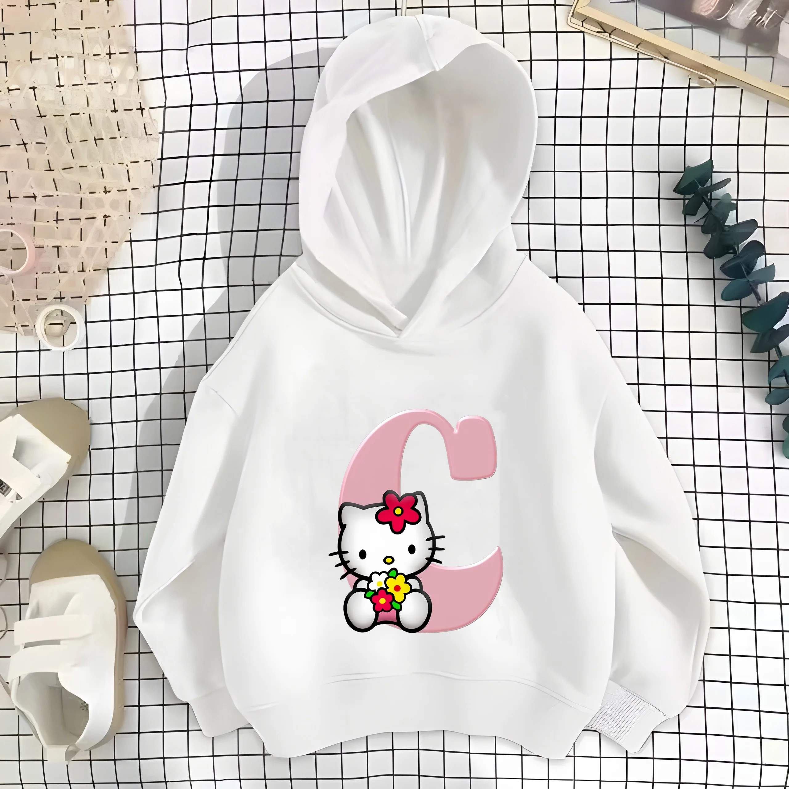 Hello Kitty Children Hoodies Pink Letter A B C D Sweatshirts Girls Clothes Kawaii Pullover Anime Cartoons Boy Kids Casual Tops