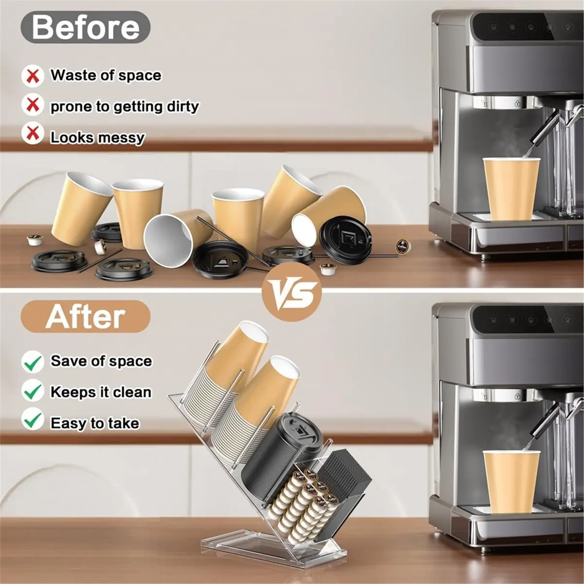 

Акриловый держатель для чашек и крышек с органайзером для соломинки, регулируемый органайзер для держателя кофейных чашек, для бумажных и пластиковых стаканчиков