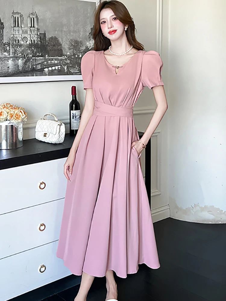 

Новое розовое повседневное длинное платье с коротким рукавом и V-образным вырезом 2026 года, элегантное облегающее платье-бандаж для женщин, летнее корейское винтажное роскошное вечернее платье