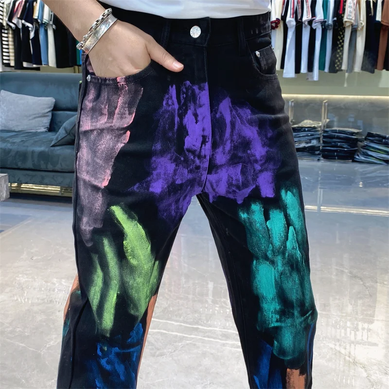 

High Street Hip Hop Trendy Hole Color Printing Stretch Jean Men Multicolour Print Jeans Graphic Jeans Motorcycle Skinny Jean Men