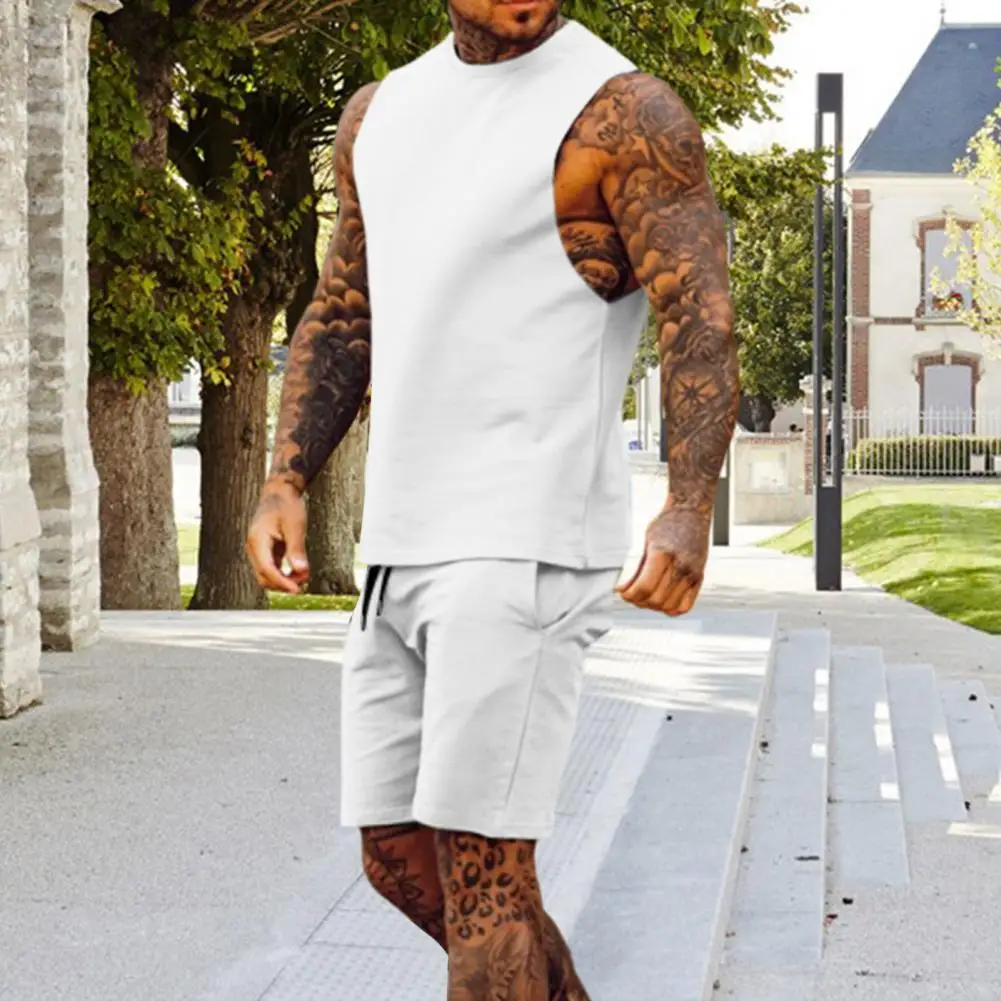 

Casual Men Sportswear Men's Athletic Tank Top Shorts Set with Drawstring Waist Sleeveless Sportswear Outfit for Gym for Men