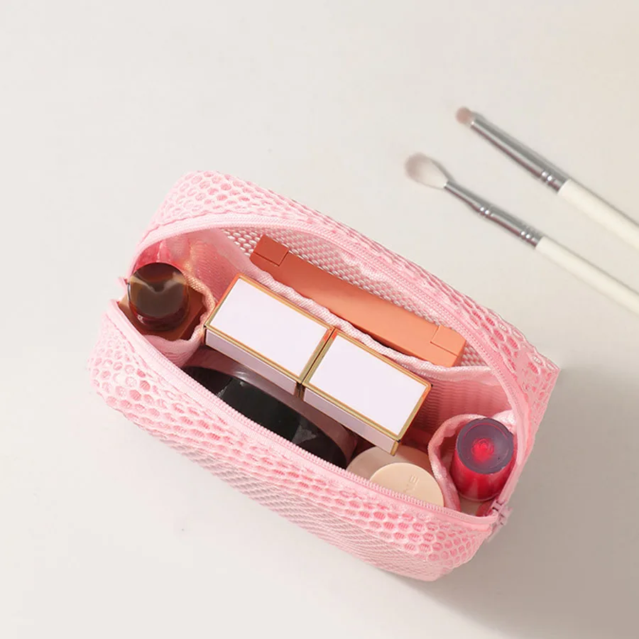 Stylish Lightweight Mesh Cosmetic Bag, Portable Square Cosmetic Storage Bag with Zipper, Multi-purpose Sundries Storage Bag