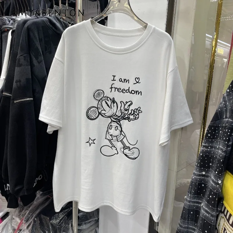 

Korean Style Summer New Casual Versatile Loose Cartoon Embroidery T-shirt Round Neck Age-reducing Y2k Short-sleeved Tshirt Women