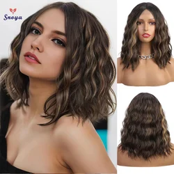 Short Synthetic Shoulder Length Middle Part Curly Wavy Bob Wig Natural Looking Heat Resistant Fiber Wig for Women Daily Use