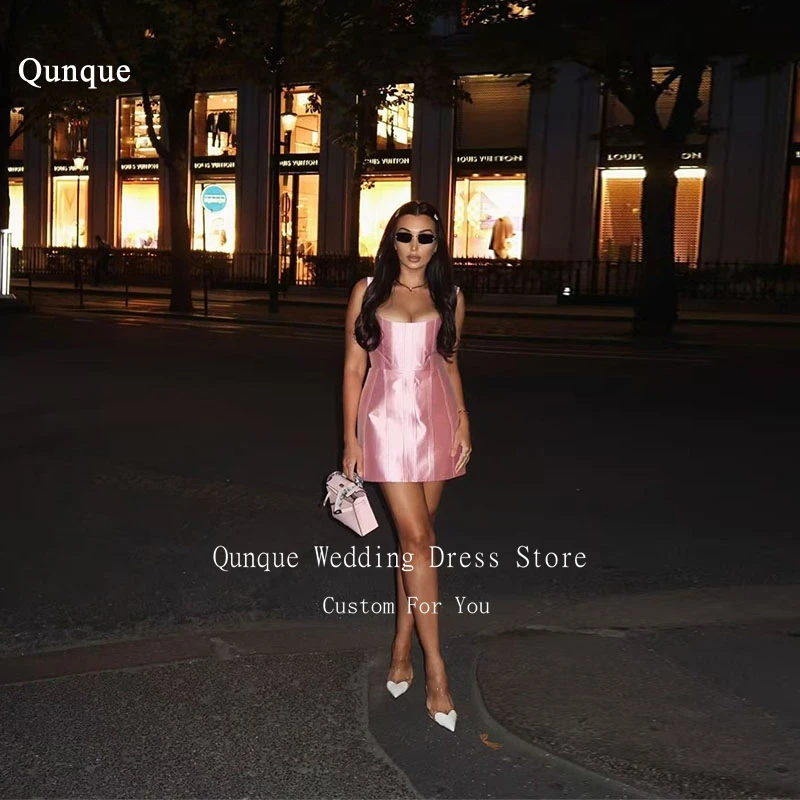 

Qunque Fashion Mini Evening Dress Women Formal Short Prom Gowns Sexy Spaghetti Straps Satin Pleated Pageant Dress Customized