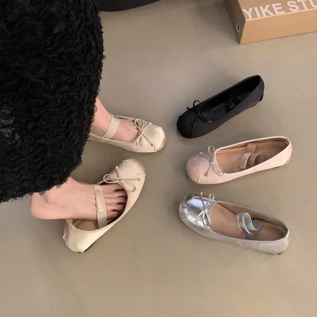 

2026 женские классические шелковые балетки, женские балетки с круглым носком и бантом на резинке, мягкие лоферы на плоской подошве