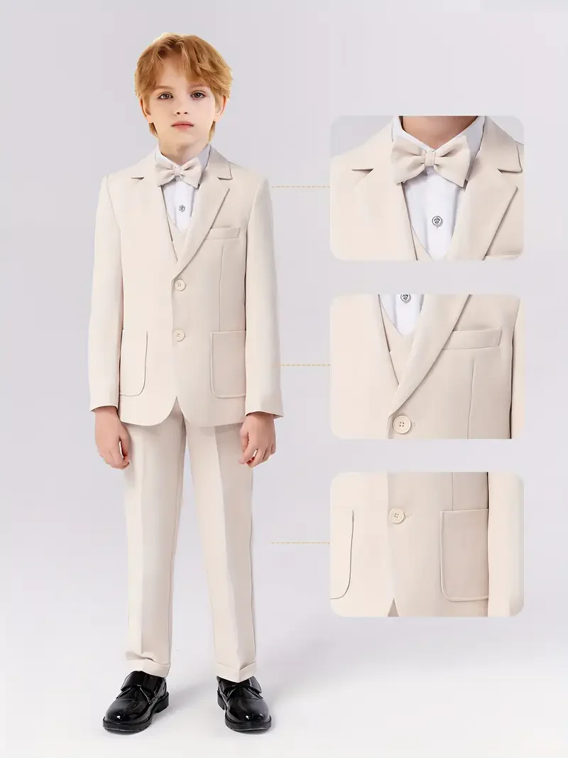 90-170 Children Beige 5Pieces/Set Jacket Vest Pants Bowtie Brooch Wedding Suit Kids Host Piano Stage Suit Boys Birthday Dress