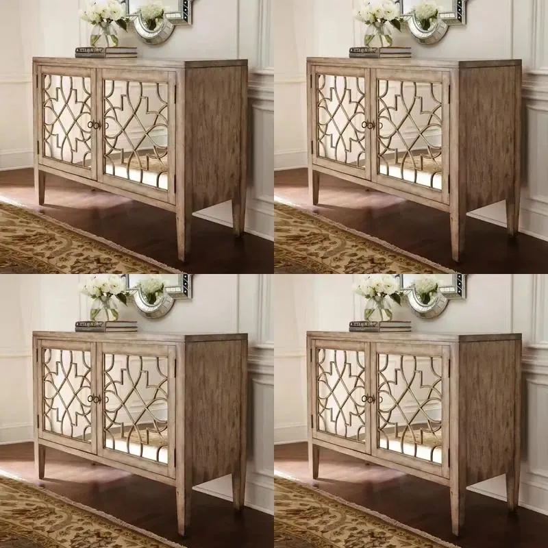 French Country Weathered Oak Mirror Decorative Buffet Cabinet for Corridor