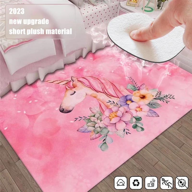 Romantic Pink Carpet Flamingo Unicorn Print Girls Bedroom Rugs Soft Flannel Anti-skid Floor Mat Room Decoration Kawaii Carpets