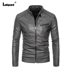 Men's Pu Leather Jackets Mandarin Collar Outerwear Gray Soft Luxury Faux Leather Jacket Mens Motorcycle Fashion Zipper Coats New