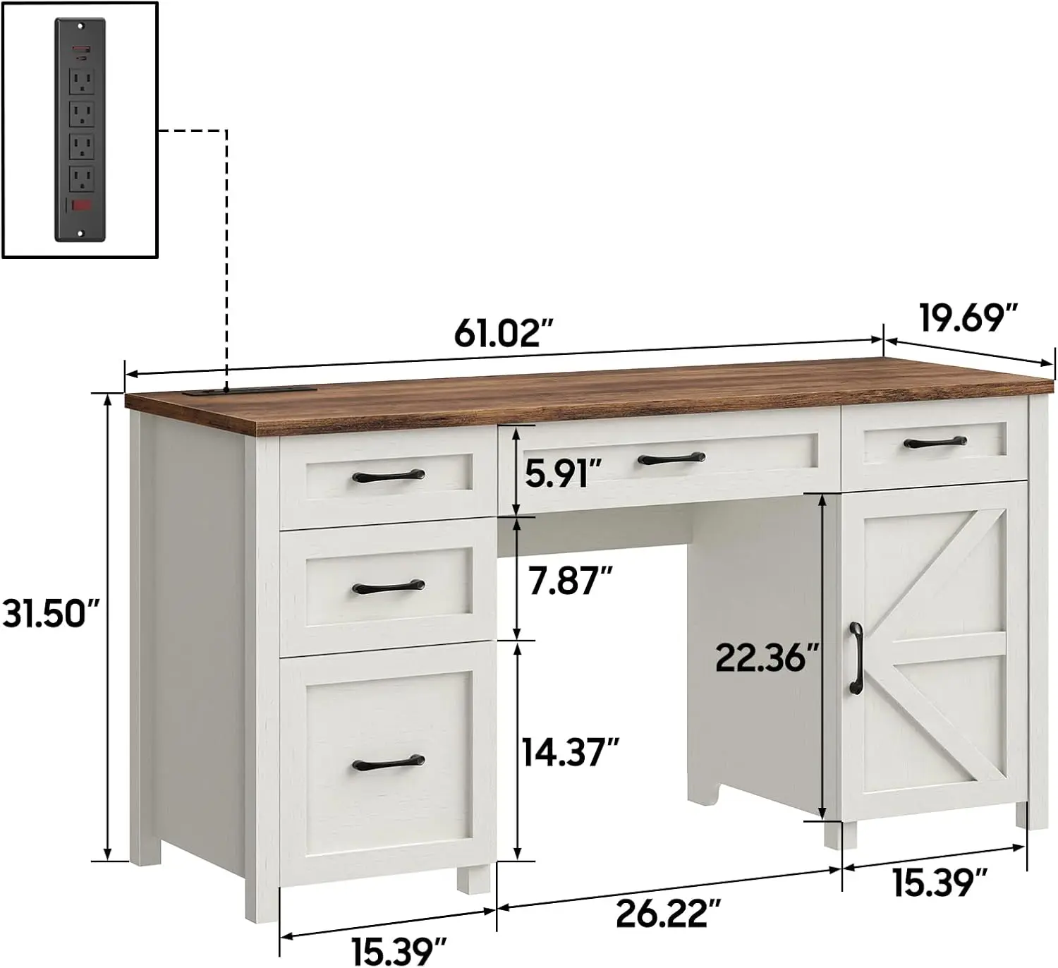 Farmhouse 61'' Executive Desk With 5 Drawers, Rustic Office Desk Computer Desk With Charging Station, File Drawers And Storage